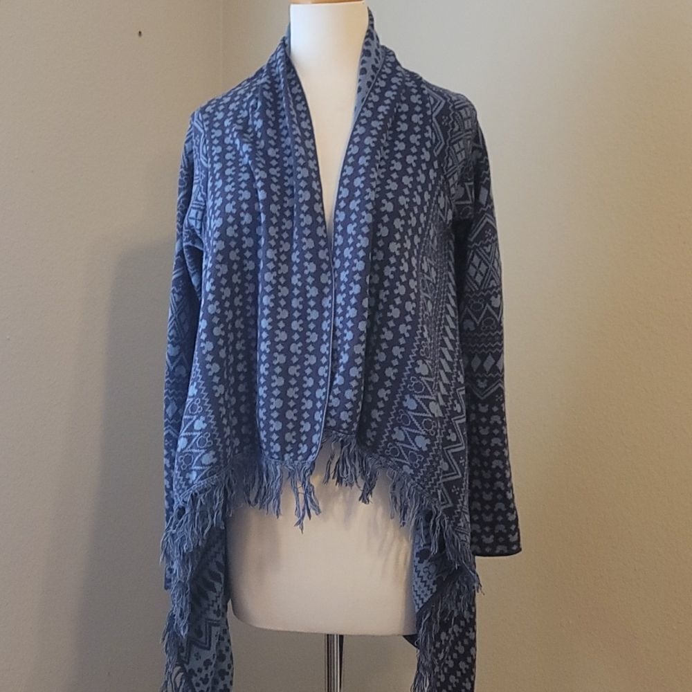 Disney‎ parks Blue Fair Isle Open Front Mickey Print Cardigan Sweater XS/S
